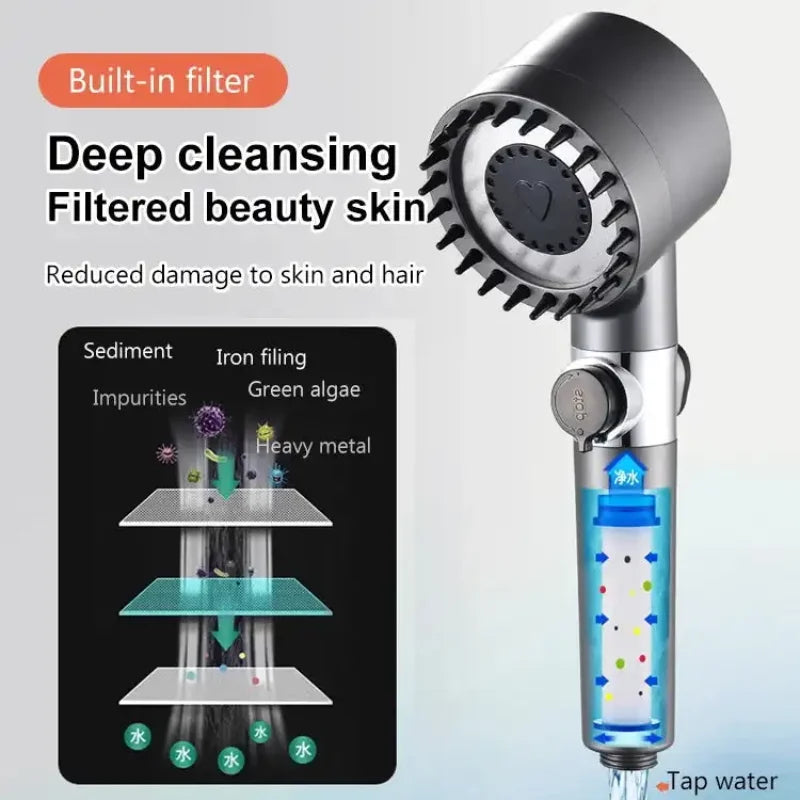 3 Mode High Pressure Shower Head Adjustable Showerhead Filter with Massage Brush One-Key Stop Shower Bathroom Accessories